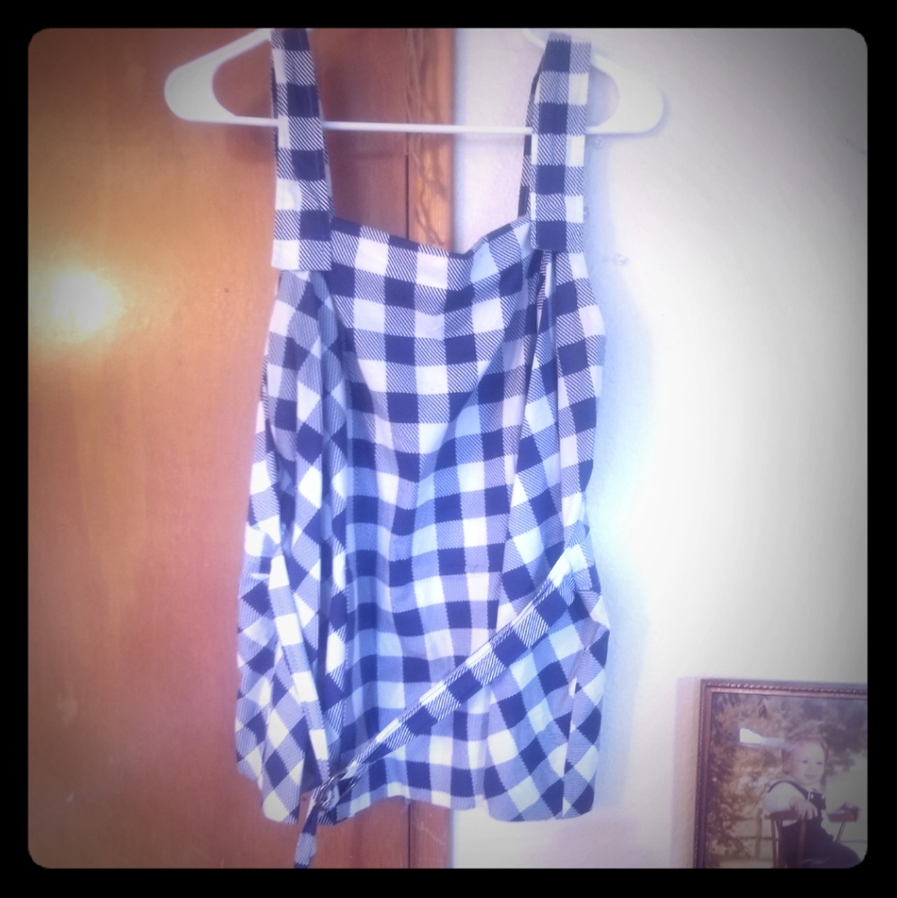 Blue and white gingham tank top with front belt